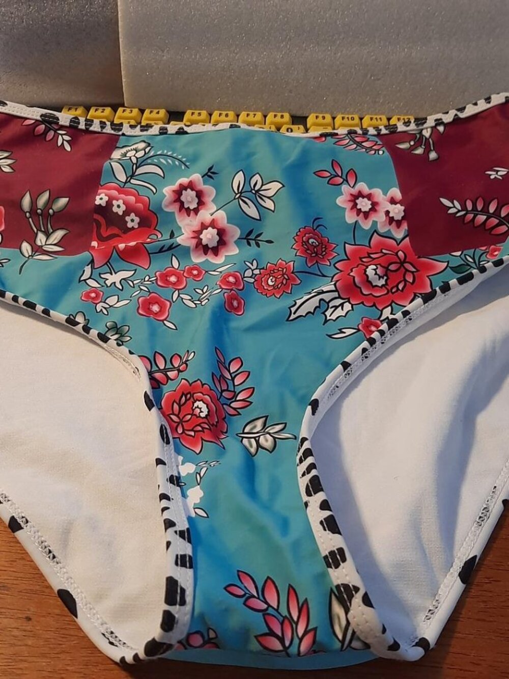 NEW ! Women Bikini One Pieces Bottom Red Floral on Blue Print High Waist Size L
